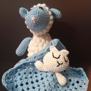 Handmade Blue and White Crochet Lovey with Sleepy Cat